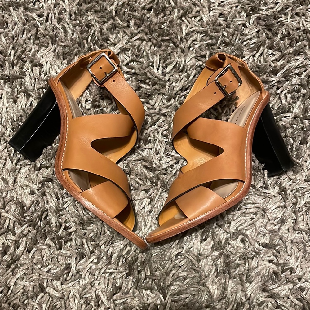 Loeffler Randal Tan Criss Cross Sandal Heels, 8 1/2